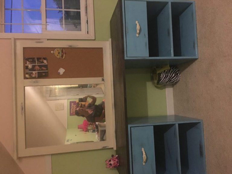 Cubby storage desk with added mirror
