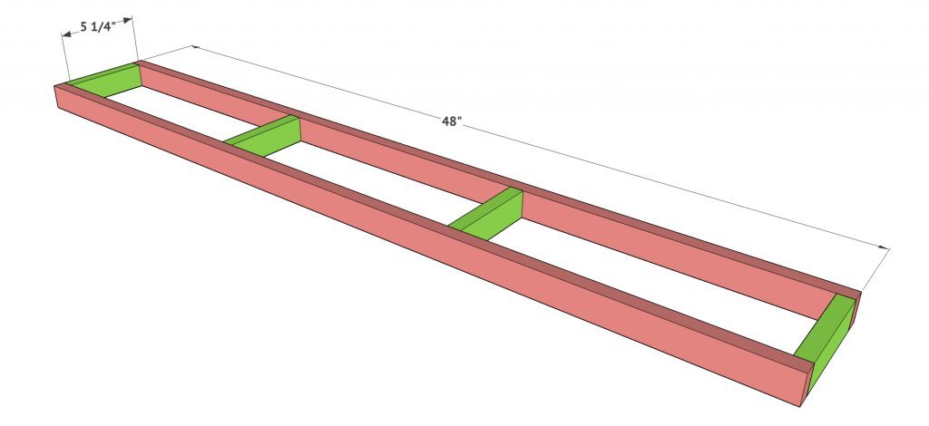 Wood shelf frame built from 1×2 boards, measuring 48 inches long with 5 1/4-inch cross supports.
