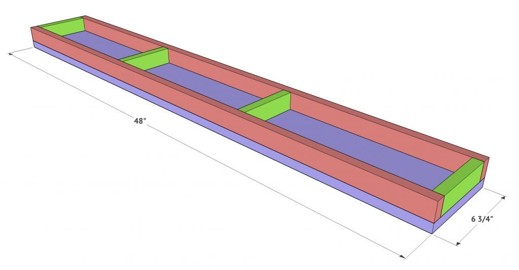 Chunky shelf frame with the bottom board attached, measuring 48 inches long and 6 3/4 inches wide.

