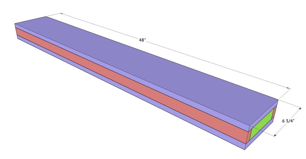 Wood shelf box with the top and bottom boards attached, measuring 48 inches long and 6 3/4 inches wide.
