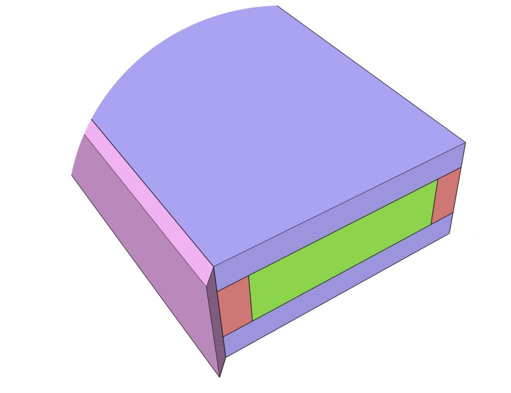 Close-up diagram showing the mitered reclaimed wood trim wrapping around the end of the chunky shelf box.

