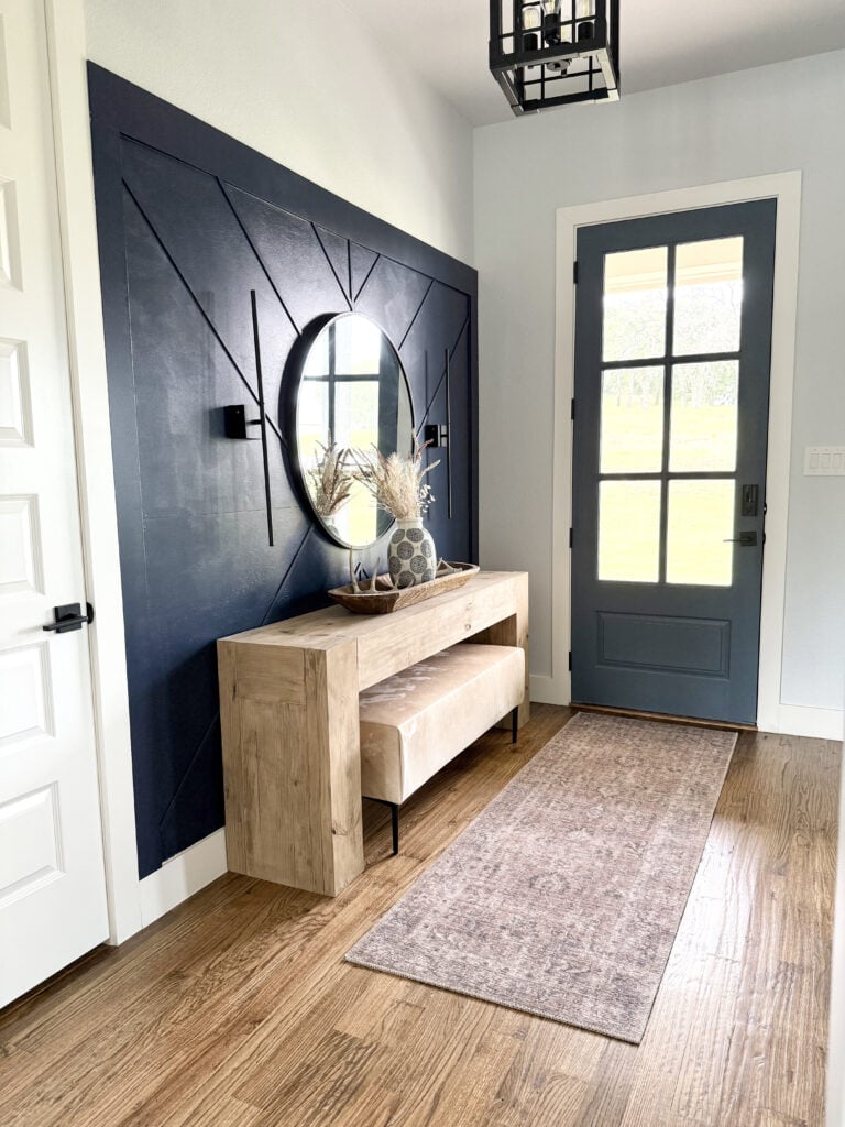 DIY rustic cowhide bench with free printable woodworking plans.