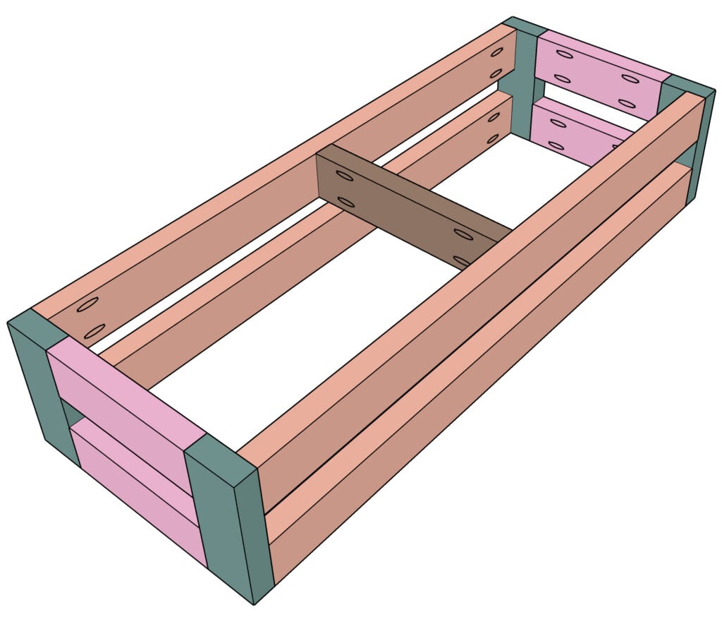 Adding the center support to the wooden bench frame for stability.