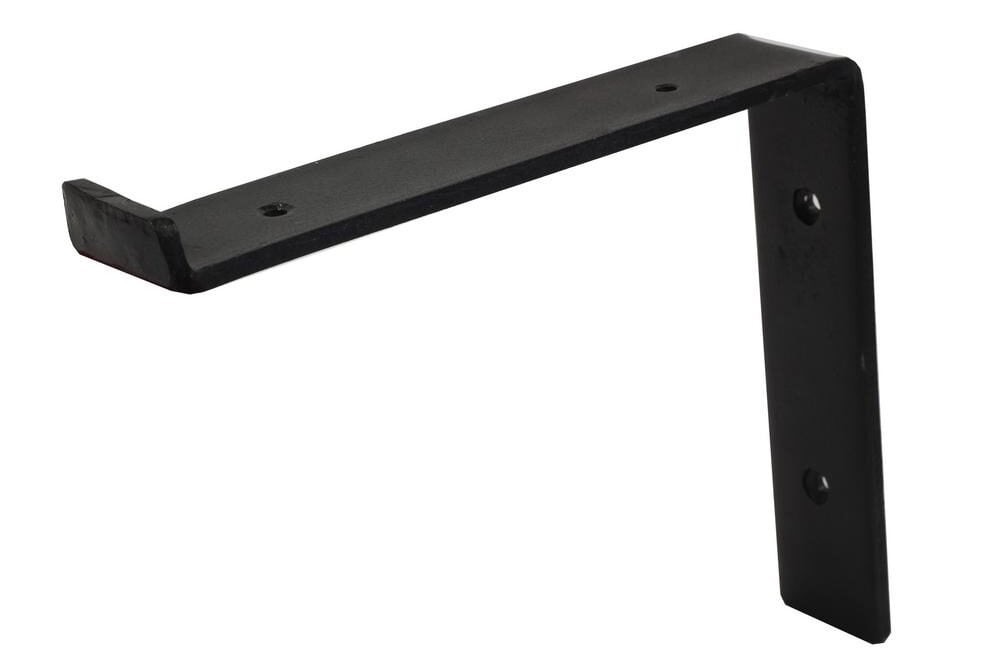 Black forged steel industrial shelf bracket with mounting holes for securing a wood shelf to the wall.
